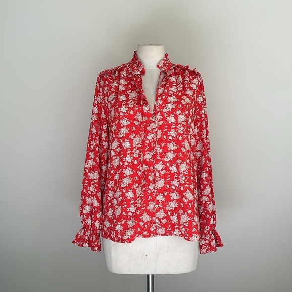 ZARA Floral PEASANT red RUFFLE Luxe Button Down Blouse Tie Top sz Medium - Picture 3 of 7